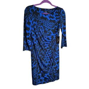 ABS Silver Label 3/4 Sleeve Dress Ruched Side Crew Neck Blue Womens Medium NWT